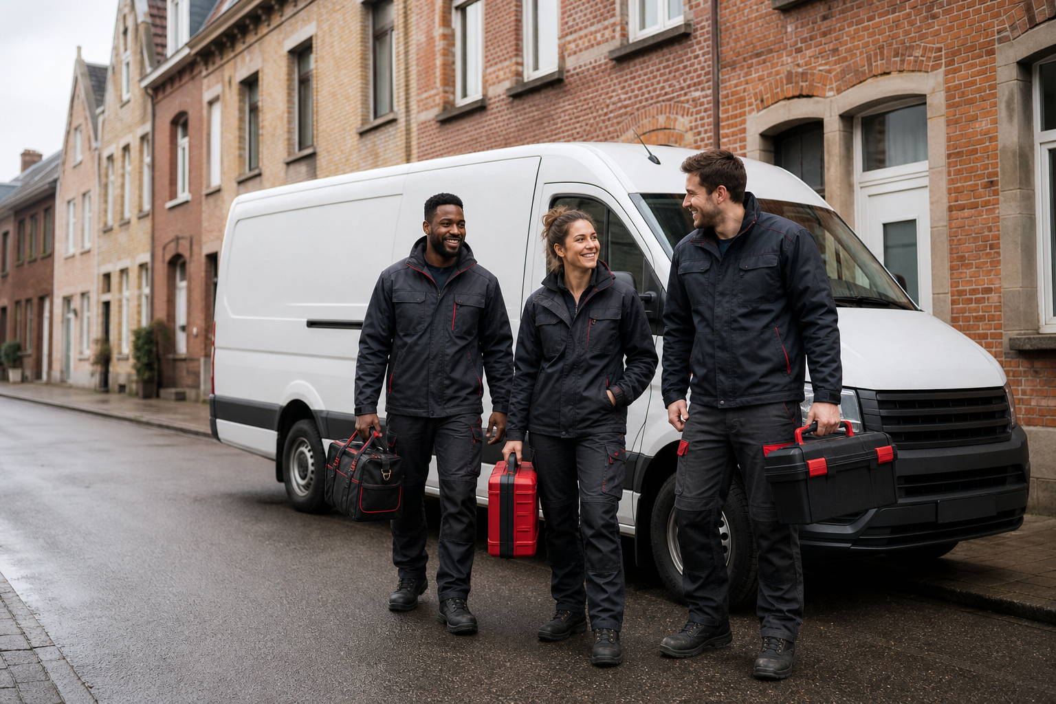 Une équipe d’électriciens souriante devant sa camionnette